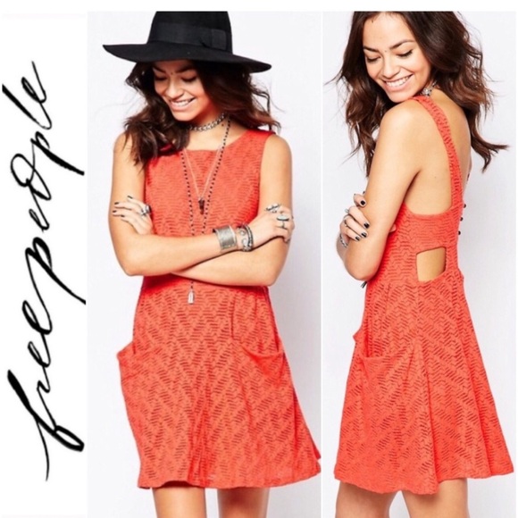 Free People Lace Poppy Mesh Dark Orange‎ Mini Dress Medium EUC summer beach fun - Picture 1 of 13